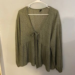 SHEIN Tie Front Blouse, Green with Black Dot Detail